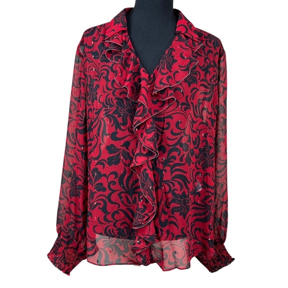 Chico's NWT Red Chiffon Ruffle Neck Shimmer V-Neck Long Sleeve Blouse Size 16 - Picture 2 of 11